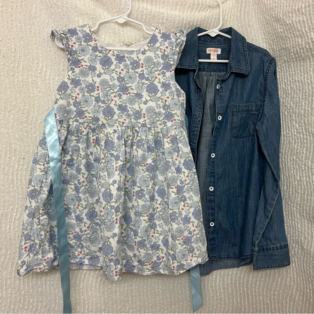 Girls Outfit Bundle Size 10/12 Denim Button Up Shirt & Blue Floral Dress Summer